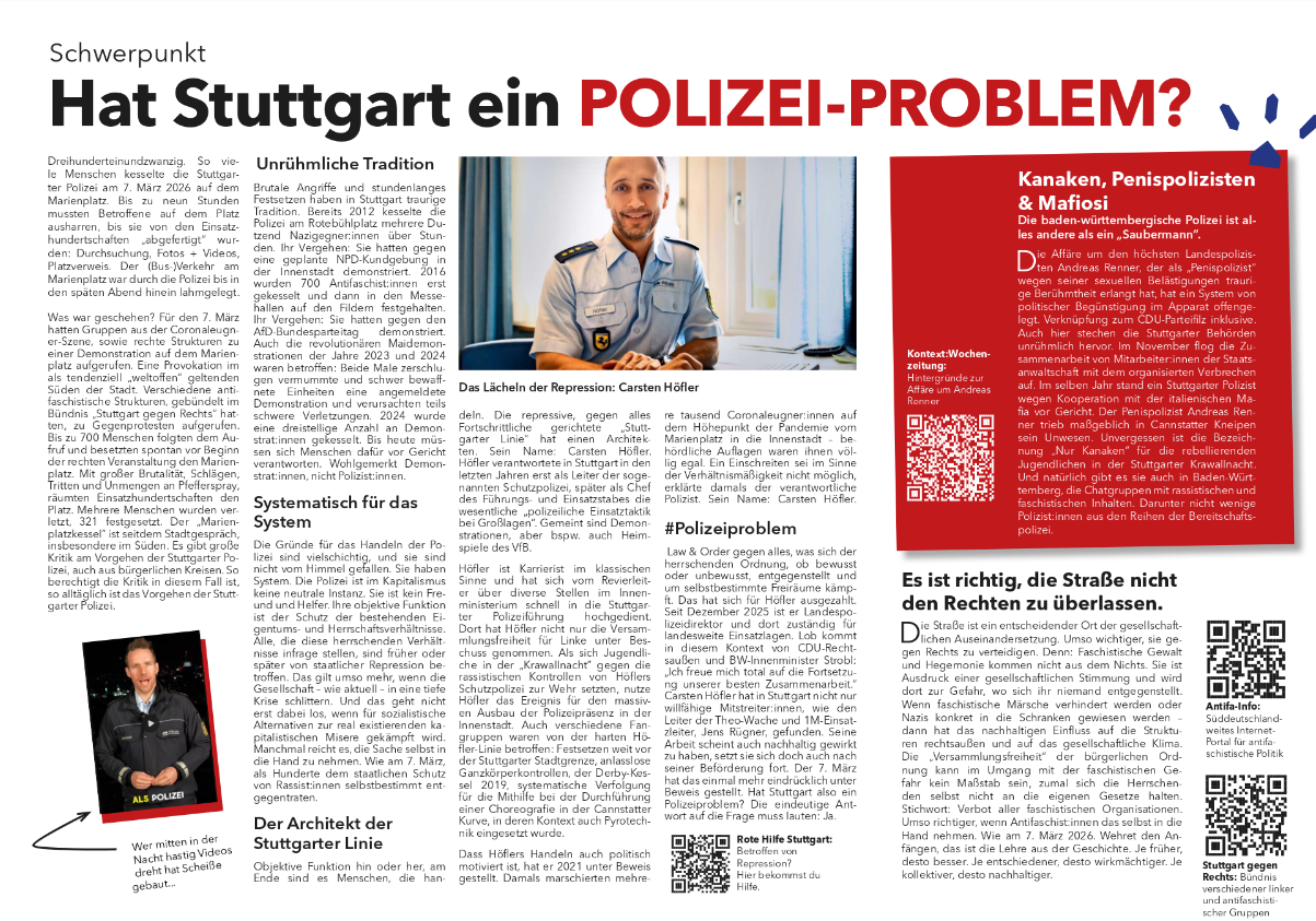 Artikel zum „Stuttgarter Polizeiproblem“ im lokalen Einleger der 1.Mai Zeitung